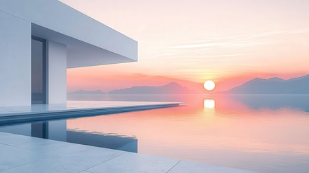 3d rendering of modern house with pool and sea view at sunsetの素材