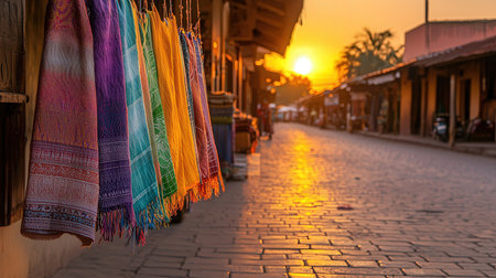 Colorful cloth hanging on the street in the evening, Thailand.の素材