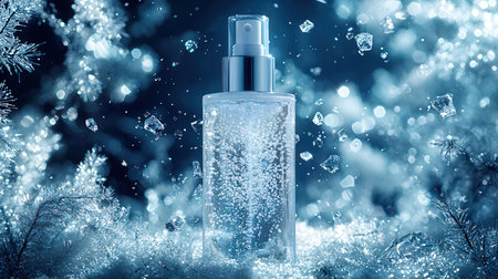 Cosmetic bottle with pipette on a background of frozen forest.の素材