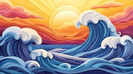 Seascape with waves and sun at sunset. Vector illustration.の素材