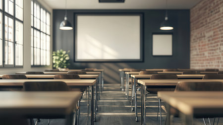 Empty classroom interior with empty poster on wall. Mock up, 3D Renderingの素材