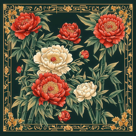 Vintage floral background with peony flowers. Hand drawn vector illustration.の素材