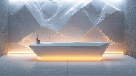 Modern bathroom interior with white bathtub and abstract glowing pattern. 3D Renderingの素材