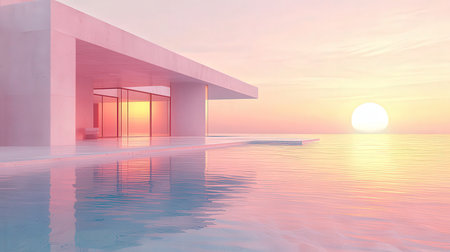 3D rendering of a modern house by the sea at sunset.の素材