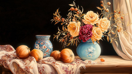 Autumn still life with pumpkins and flowers on a wooden tableの素材