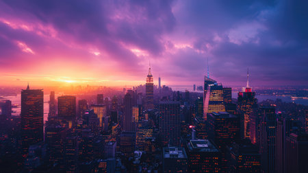 New York City Manhattan skyline panorama at sunset with skyscrapers.の素材