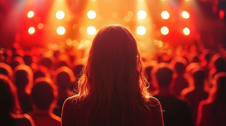 Back view of a woman in front of a crowd at a concertの素材