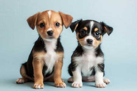 Studio portrait of two cute Chihuahua puppies on blue backgroundの素材