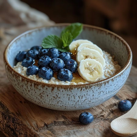 Oatmeal porridge with fresh blueberries and banana, selective focusの素材