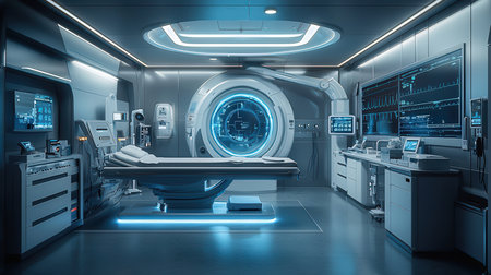 3d rendering x-ray room with medical equipment in blue toneの素材