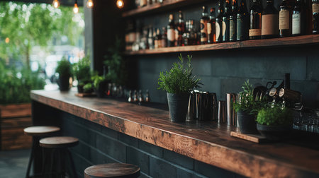 Interior of a pub with bar counter, bar equipment and plantsの素材