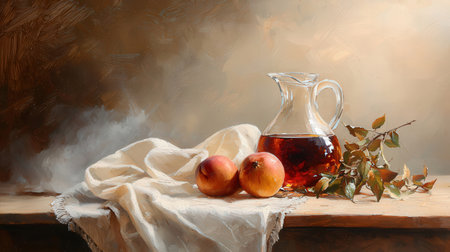 Still life with pomegranate juice in a jug on a wooden tableの素材