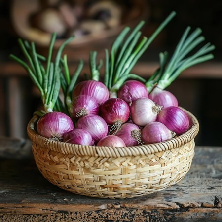 Red onions in a basket on a wooden table, selective focus.の素材