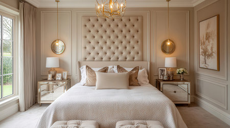 Luxury bedroom interior design with classic bed, pillows, mirror and parquet floorの素材