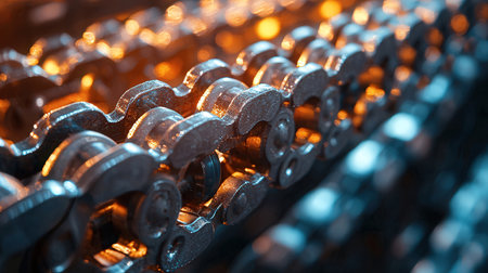 Industrial metal gears and chain in factory. Selective focus.の素材