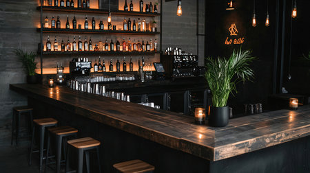 Interior of stylish bar with dark wooden walls, concrete floor and black bar counter with bright lamps.の素材