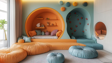 Interior of modern children room with orange walls, concrete floor, big windows, orange and blue sofa with pillows and cushions. 3d renderingの素材