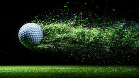 Golf ball on green grass. 3d illustration. Copy space.の素材
