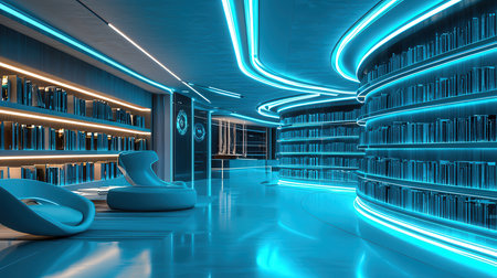 3D rendering of a modern library interior with bookshelves and blue lightsの素材