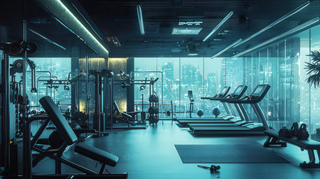 Interior of a fitness hall with equipment and city view at nightの素材