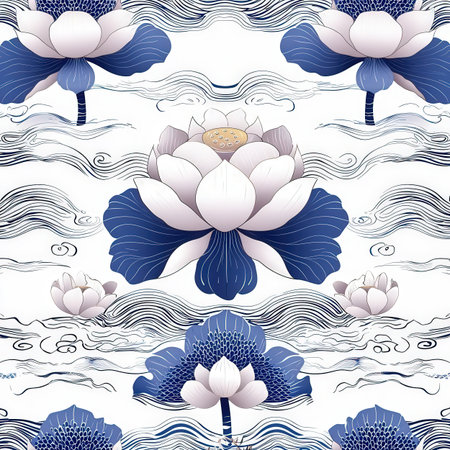 Seamless pattern with lotus flowers and waves. Vector illustration.の素材