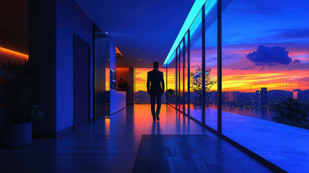 Businesswoman walking in modern office corridor at sunset. 3D renderingの素材