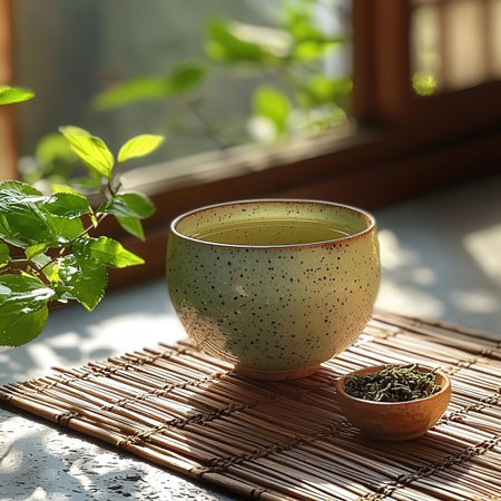 Green tea in a ceramic cup on a wooden table near the windowの素材