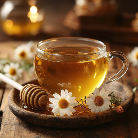 Cup of herbal tea with chamomile flowers on wooden backgroundの素材