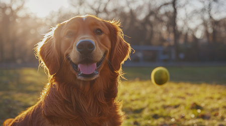 Beautiful golden retriever dog with a ball in the park.の素材