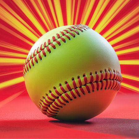 Baseball ball on red background with rays of light. 3d illustrationの素材