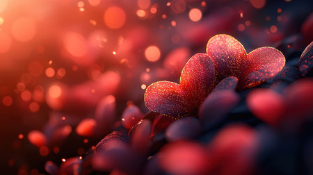 3d rendering of red hearts on a dark background with bokehの素材