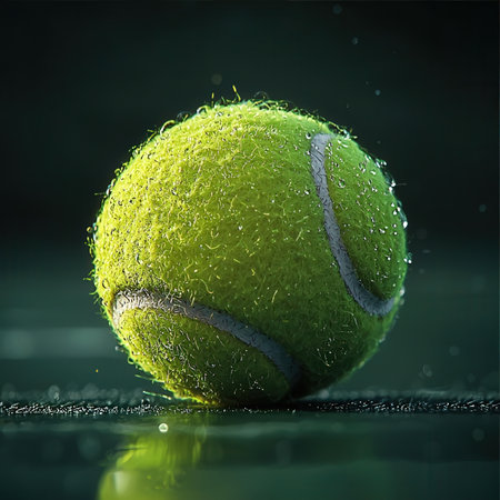 Tennis ball with drops of water on dark background. 3d illustrationの素材