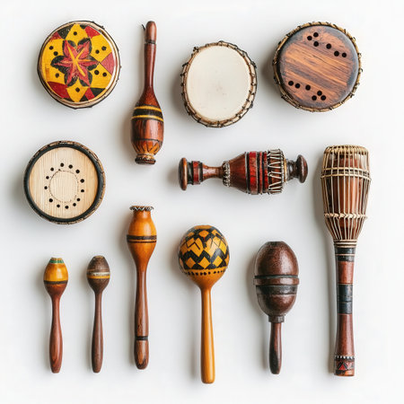 Set of African musical instruments on white background. Flat lay, top viewの素材