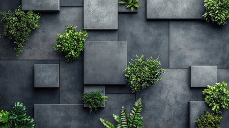 3d rendering of green plants on black concrete wall. Minimal style.の素材
