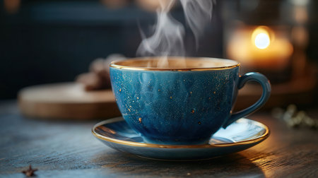 Cup of hot coffee on wooden table in cafe, closeupの素材