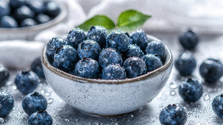 Fresh blueberries in a bowl on a wooden background. Selective focus.の素材