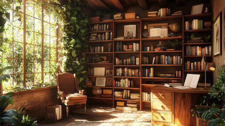 Interior of cozy home library with bookshelves and armchairsの素材
