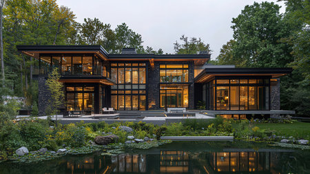 3d rendering of modern cozy house on the hill with garage and pool for sale or rent with beautiful landscaping on background. Clear summer evening with golden sunlight.の素材