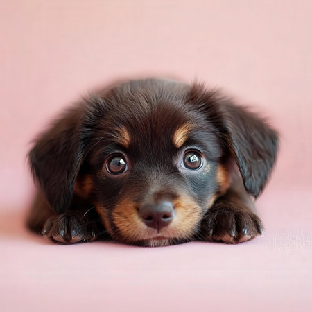 Cute puppy of dachshund on a pink background.の素材
