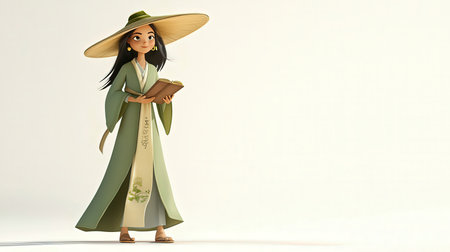 Japanese girl with a book on a white background. 3d renderingの素材