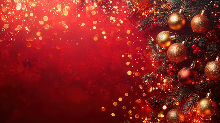 Christmas background with fir tree branches and golden balls on red background.の素材