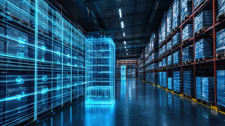 High-tech data center with blue glowing lines. 3d renderingの素材