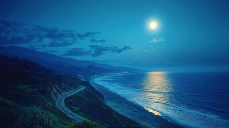beautiful night seascape with road and sea in full moon lightの素材