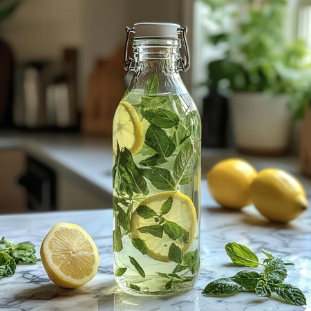 Lemonade with mint and lemon in a glass bottle on a white marble tableの素材