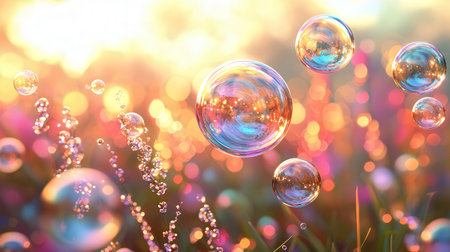 Soap bubbles on the grass with bokeh background. Macro shotの素材