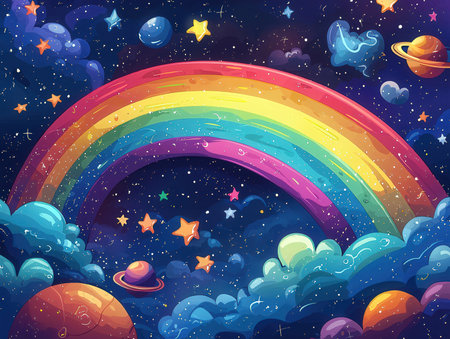 Cartoon space background with rainbow, stars and planets illustration for childrenの素材