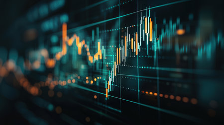 Stock market or forex trading graph and candlestick chart suitable for financial investment concept. Economic trends background for business idea and all art work design. Abstract finance background.の素材