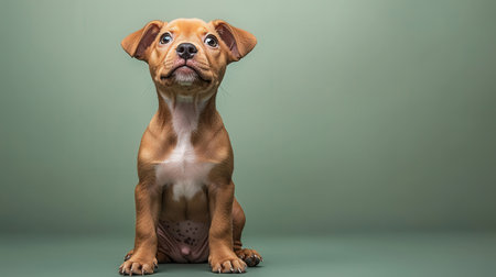 Cute puppy sitting on green background with copy space. Studio shot.の素材