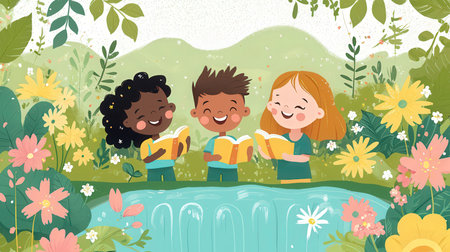 Children reading books in the garden. Vector illustration in cartoon style.の素材