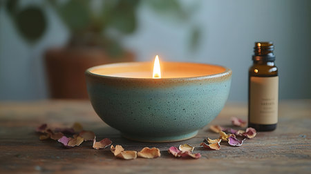 Aromatherapy oil in a bowl with dried rose petalsの素材